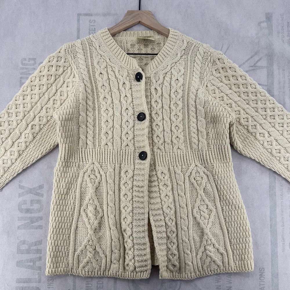 vtg KILRONAN WOOL 3D CABLE-KNIT CARDIGAN SWEATER Fits M Cottagecore Grannycore